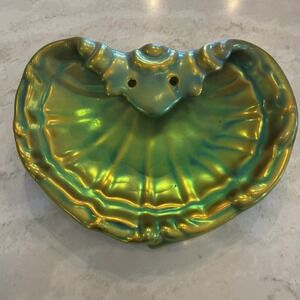 Antique Zsolnay Pecs Art Nouveau Hungary Green Iridescent Venus Eosin Shell Dish